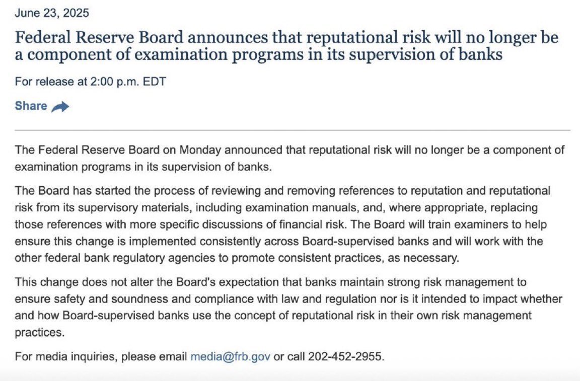 vicol_alin's tweet photo. 🇺🇸 THE FED JUST REMOVED 
"REPUTATIONAL RISK" FOR BITCOIN 
AND CRYPTO BANKING.

HUGE FOR CRYPTO 📈🤯🤯 https://t.co/bbqFdPSE9J