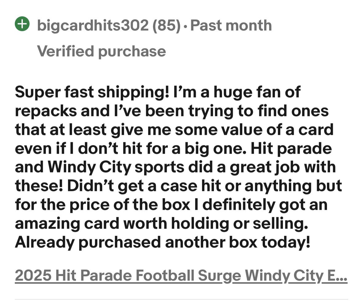 👀 Verified buyer review just dropped:

“Didn’t pull a case hit but still got a card worth holding or selling 👀💰 Already bought another box!”

Shoutout to Hit Parade &amp; Windy City Sports Cards for crushing it on these repacks 📦 🔥