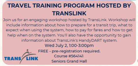 Join TransLink’s FREE Travel Training Program! Learn how to plan a trip, use transit, pay fares &amp; get help. Info on HandyDART too. Wed July 2, 1–3pm.
anc.ca.apm.activecommunities.com/vancouver/acti…