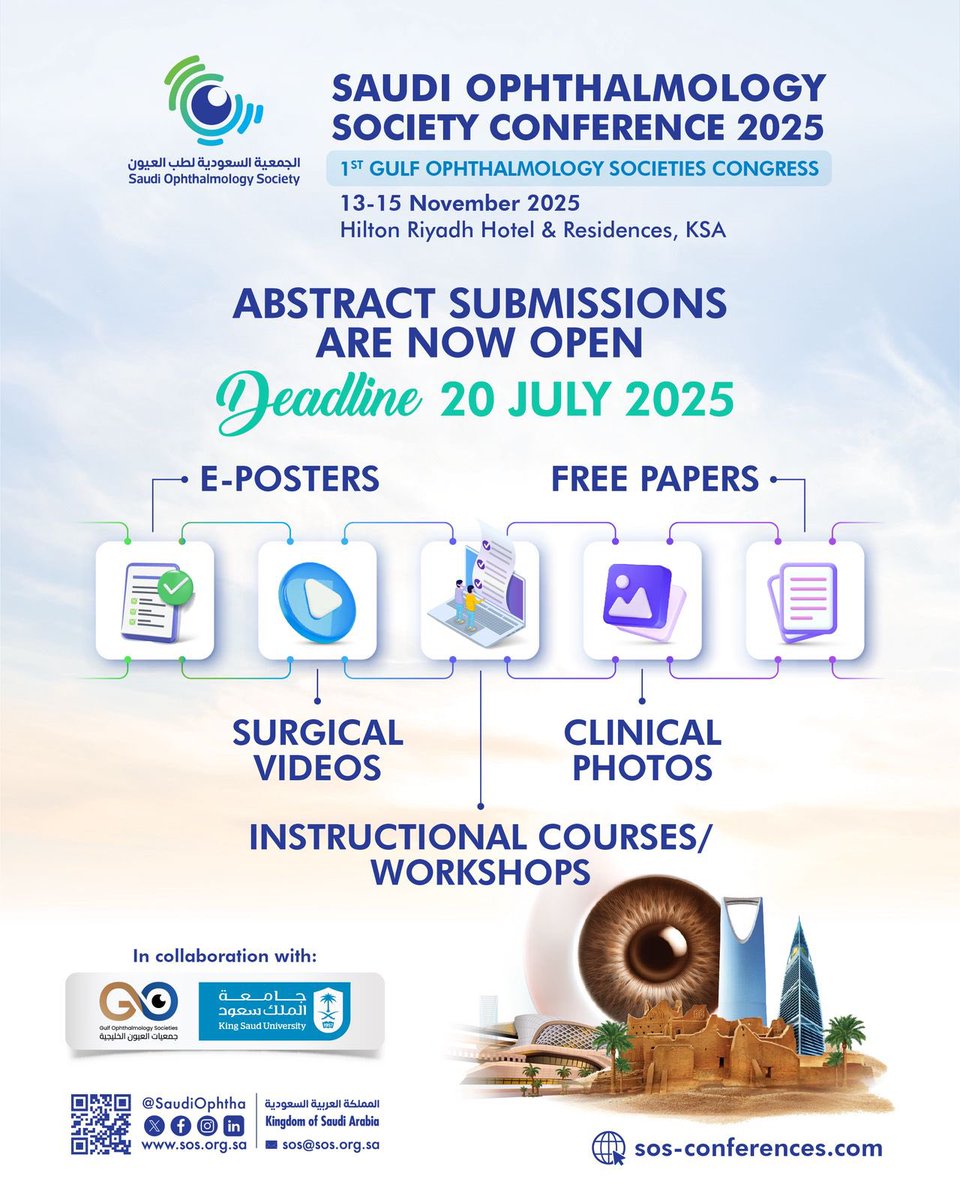 Abstract Submissions Are Now Open!Submit your work in:
✅E-Posters
✅Free Papers
✅Surgical Videos
✅Clinical Photos
✅Instructional Courses &amp; Workshops
Deadline: 20 July 2025

Submit now:sos-conferences.com/abstract-2025/
For More Information:sos-conferences.com
#SOS2025 #Ophthalmology