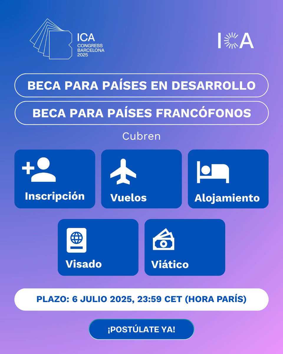 🌍 ¡Oportunidad única para profesionales de los archivos! 📜 El Congreso Internacional de Archivos - ICA Barcelona 2025 te invita a participar en dos convocatorias de becas para asistir a este evento mundial

1️⃣ Beca para Pequeños Estados Insulares, Países Menos Adelantados y