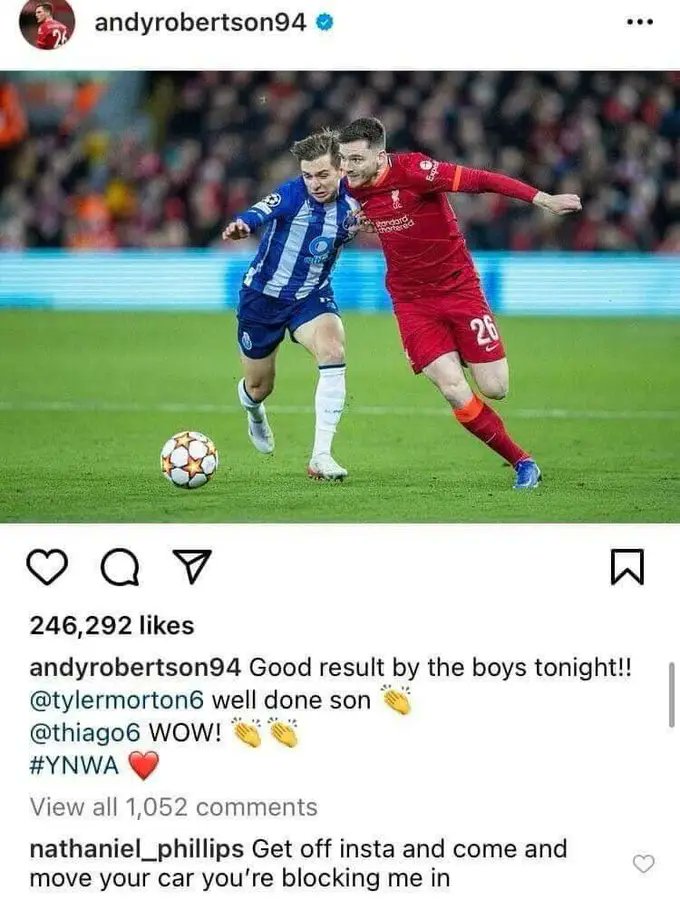 bobby_role's tweet image. Nat Phillips officially leaves Liverpool. Throwback to this reply to Robbo on Instagram 😂