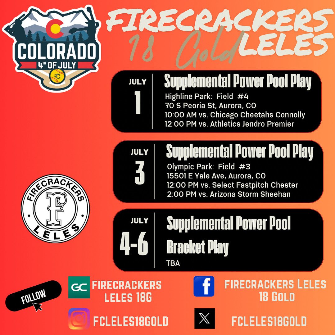 Firecrackers Leles 18 Gold (@fcleles18gold) on Twitter photo Next stop: Colorado’s 23rd Annual <a href="/COSparkFire/">CO 4th of July</a> 4th of July Tourney! Ready to celebrate Independence Day & some incredible competition from around the country! ✈️🧨🇺🇸🥎 <a href="/B_Steele2026/">Brooklyn Steele</a> <a href="/baboosh34_2026/">Brooke Aboosh</a> <a href="/abril_parker08/">Abril Parker</a> <a href="/rileydossey42/">Riley Dossey 2025</a> <a href="/marisabryson15/">Marisa Bryson</a> <a href="/paetynn2025/">Paetynn Snobar 2025</a> <a href="/TeaganHayes2025/">Teagan Hayes 2025</a> Next stop: Colorado’s 23rd Annual <a href="/COSparkFire/">CO 4th of July</a> 4th of July Tourney! Ready to celebrate Independence Day & some incredible competition from around the country! ✈️🧨🇺🇸🥎 <a href="/B_Steele2026/">Brooklyn Steele</a> <a href="/baboosh34_2026/">Brooke Aboosh</a> <a href="/abril_parker08/">Abril Parker</a> <a href="/rileydossey42/">Riley Dossey 2025</a> <a href="/marisabryson15/">Marisa Bryson</a> <a href="/paetynn2025/">Paetynn Snobar 2025</a> <a href="/TeaganHayes2025/">Teagan Hayes 2025</a>