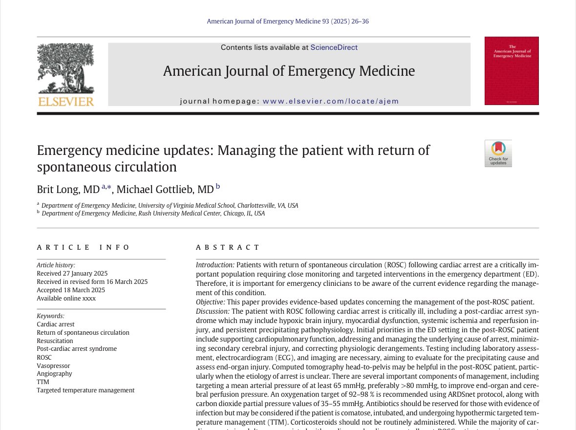 EmergPOCUS's tweet photo. 👨🏽‍⚕️ Repasemos las #estrategias de manejo #Primario y #Secundario tras el retorno a circulación espontánea (ROSC) 🫀🧠

🚨 Manejo Primario

•🥲 Estabiliza la función cardiopulmonar
•🔍 Identificar y tratar las causas del paro
•🛡️ Minimiza lesión a órganos y corrige alteraciones fisiológicas

🧪 Evalúa con:
• Historia clínica
• Exploración física
• Ecografía (#POCUS)
• EKG

📸 Usar el POCUS para detectar:
•💓 Contractilidad, disfunción ventricular
•🔄 Tracto de salida aórtico y derrames
•💨 Neumotórax, confirmación tubo endotraqueal
•🩺 Aneurisma aórtico, líquido libre

🔁 Aplica enfoque “Circulación - Vía aérea - Respiración” 💉💨

📈 Optimiza la MAP con vasopresores y líquidos IV