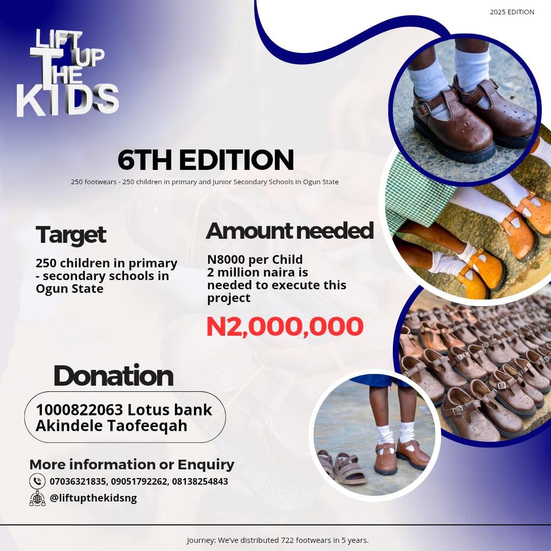 mr_muize's tweet photo. Budgeted amount: N2,000,000

Amount realized: N337,000

Balance: N1,663, 000

With your support, we’ve distributed 722 footwear in 5yrs.

Kindly support and RT 🙏🏾🙏🏾 https://t.co/EIamxvmkMI