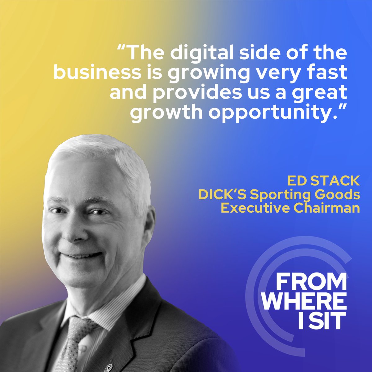 .<a href="/DICKS/">DICK'S Sporting Goods</a> Sporting Goods Executive Chairman and former Chairman and CEO Ed Stack delves into his early vision for e-commerce on the latest From Where I Sit podcast episode, hosted by <a href="/TomMcGeeCEO/">Tom McGee</a>. 

Apple: apple.co/4488GdV

Spotify: spoti.fi/460nJss

#ICSC