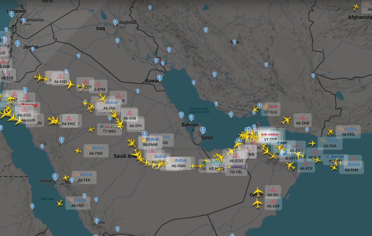 All flights into and out of UAE airspace are now avoiding airspace to the north, which is still closed.