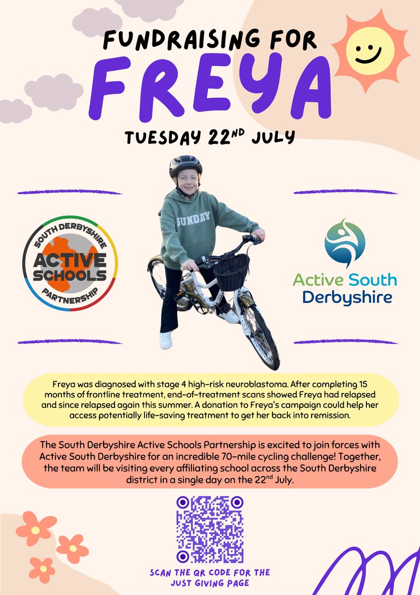 The partnership team and Active South Derbyshire are teaming up to cycle 70 miles on the 22nd July. The aim is to raise money for the life saving treatment that Freya needs and to help get her back into remission.