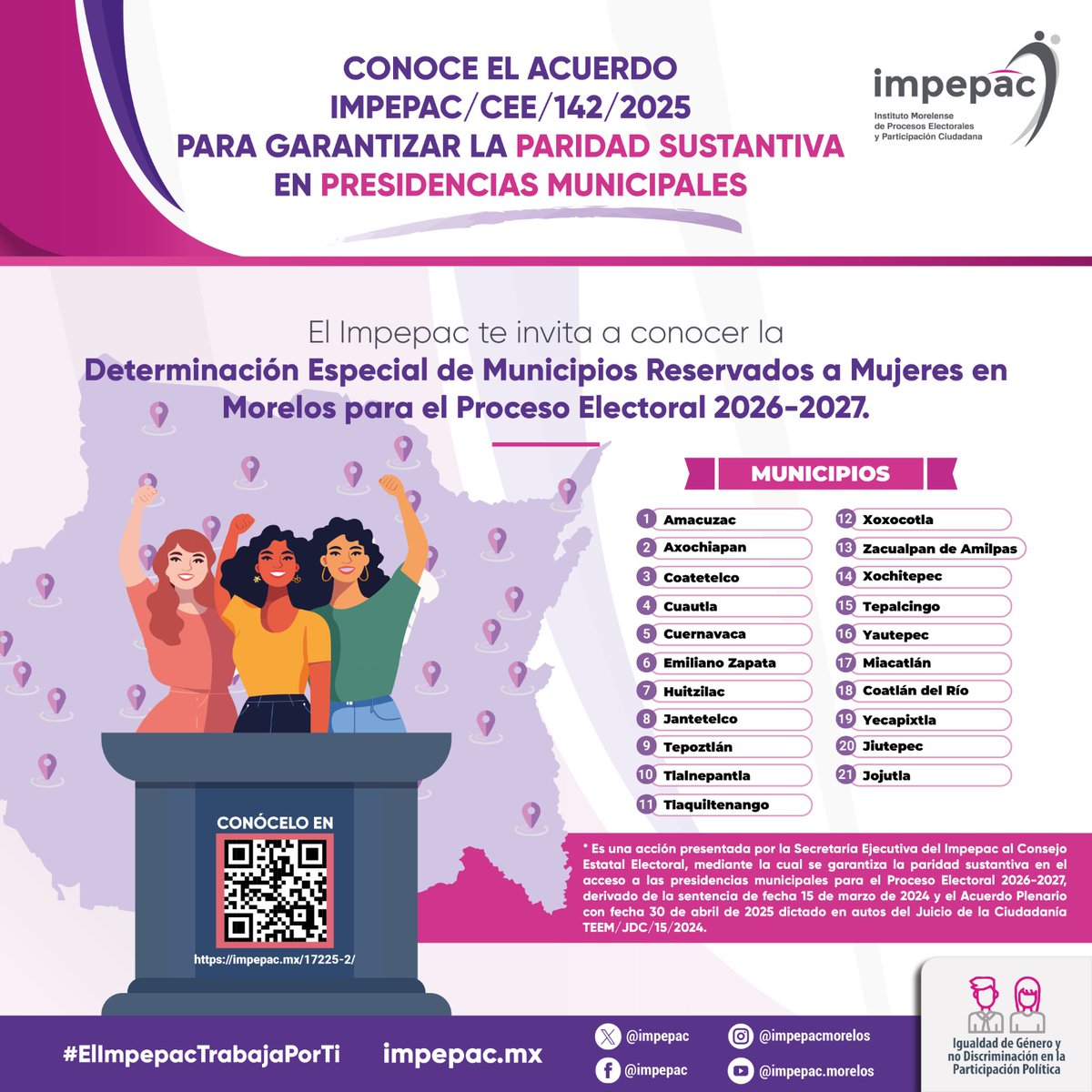 ¡El <a href="/impepac/">impepac</a> hace historia en Morelos! Con la aprobación del acuerdo que garantiza la paridad sustantiva en 21 ayuntamientos del estado de #Morelos.