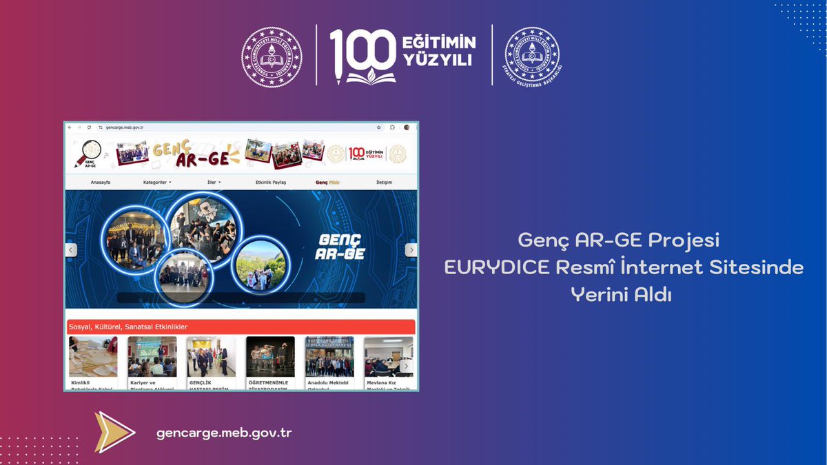2025 Yılı Cumhurbaşkanlığı Yıllık Programı kapsamında, Başkanlığımız koordinasyonunda 81 ilde devam eden “Genç AR-GE Faaliyetleri” 40 ülkenin paydaşı olduğu EURYDICE resmî internet sitesinde yerini aldı. 🇹🇷 🇹🇷 🇹🇷

🔗 meb.ai/UMaCCpZ

<a href="/Yusuf__Tekin/">Yusuf Tekin</a> 
<a href="/ercanturk28/">Ercan TÜRK</a> 
<a href="/tcmeb/">Millî Eğitim Bakanlığı</a>