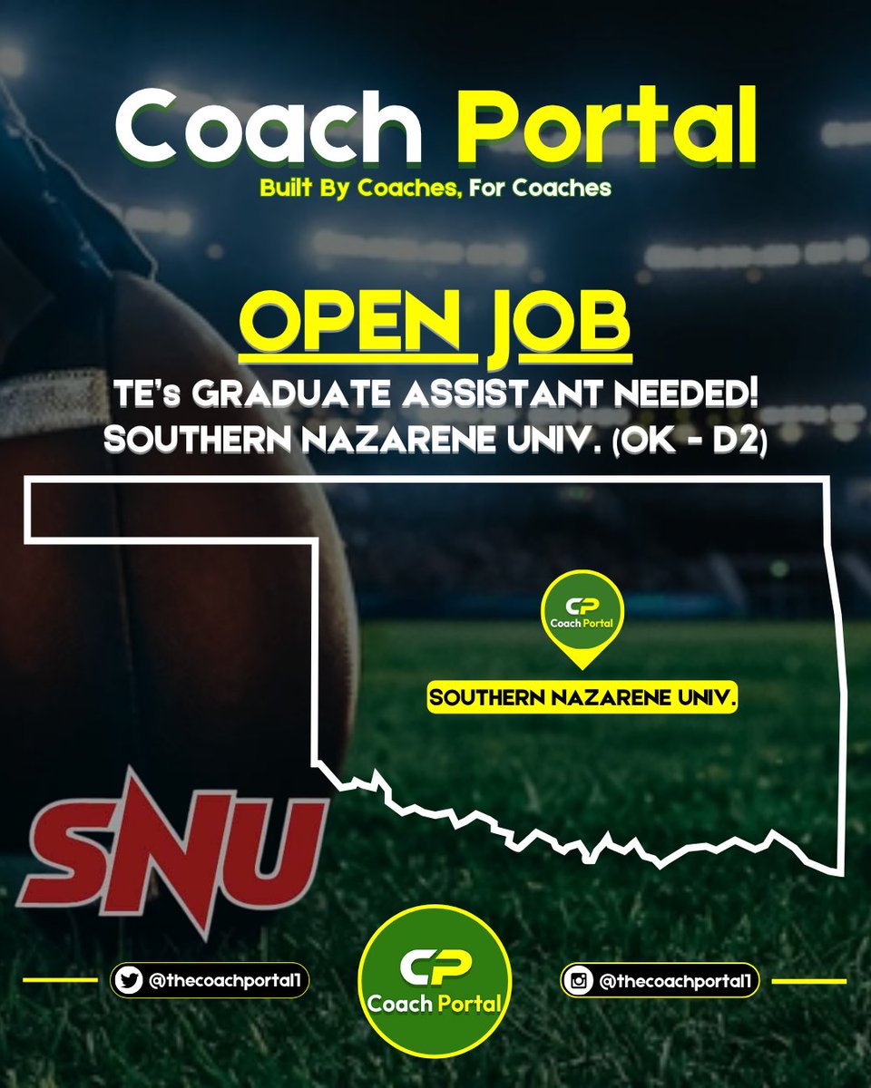 🔴Southern Nazarene Univ. (OK - D2) is looking for a TE's Graduate Assistant. Can expect to coach the room, recruit an area, manage the video (HUDL), assist with game planning, and assigned tasks. Includes tuition, a $6750 stipend, &amp; small meal plan. College coaching/playing
