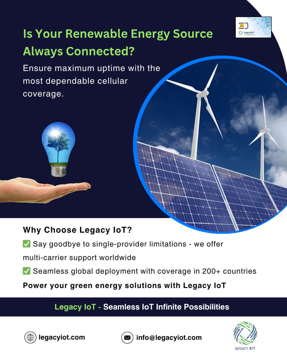 legacyiot's tweet image. Power your #RenewableEnergy systems with always-on global connectivity from Legacy IoT 🌍
✅ 200+ countries
✅ Multi-carrier support

#GreenTech #LegacyIoT #IoTSolutions