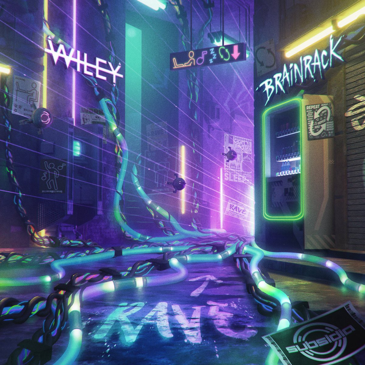 SubsidiaRecords's tweet image. Follow the signs, find the “Rave” 🔁 New track dropping this Wednesday from @codenamewiley &amp;amp; @IamBRAINRACK!