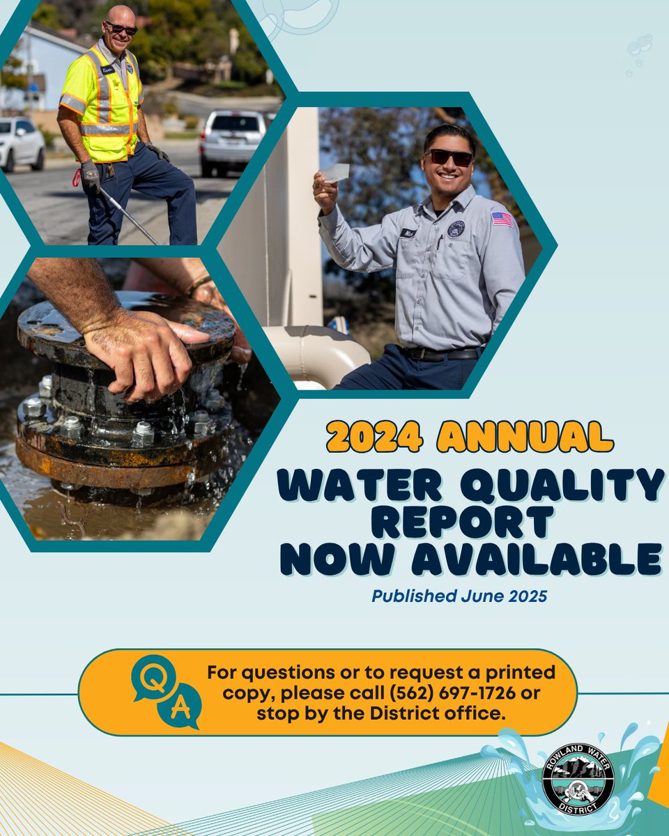 📢Rowland Water District’s 2024 Annual Water Quality Report is now available!  

💧Visit rwd.org/2024-water-qua… to view your 2024 Annual Water Quality Report and learn more about your drinking water.  

If you have questions or would like a paper copy of this report, please call