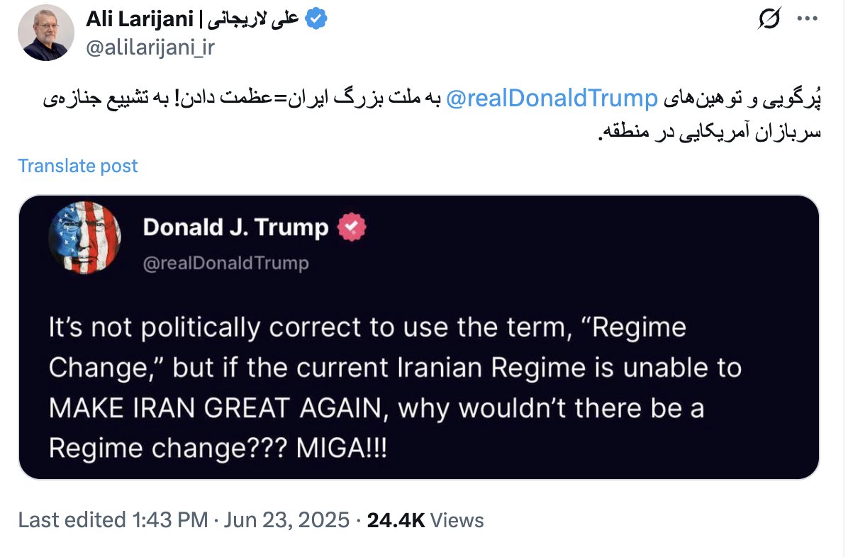 Ali Larijani, an advisor to #Iran's regime's supreme leader, is directly threatening U.S. troops while his daughter lives in the United States. That's a disgrace and the Trump administration should do something about it. The families of Islamic Republic officials should not be