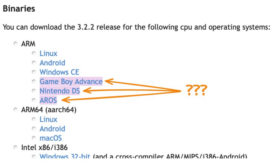 I was looking to install  a Pascal compiler earlier and found out that, apparently, some people  take "cross-platform" very seriously.

Now I’m wondering if I should try to make my statistics program run on my old GBA just to make it truly cross-platform.