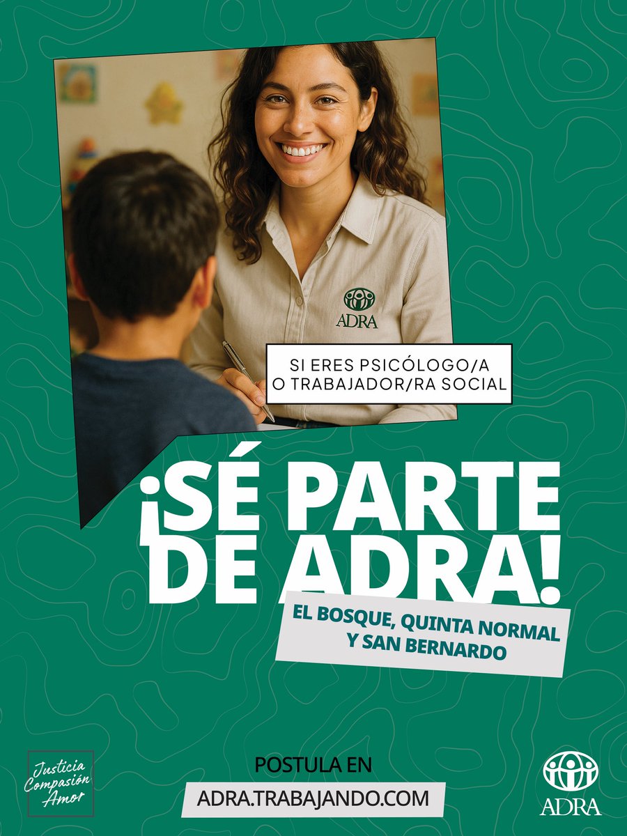 🙌✨¡Te estamos buscando para ser parte de ADRA!

🤝Si eres Psicólogo/a, o Trabajador/a Social postula para integrarte a nuestros nuevos programas PRM en las comunas de El Bosque, Quinta Normal y San Bernardo de la Región Metropolitana.

🌐 Ingresa a adra.trabajando.cl