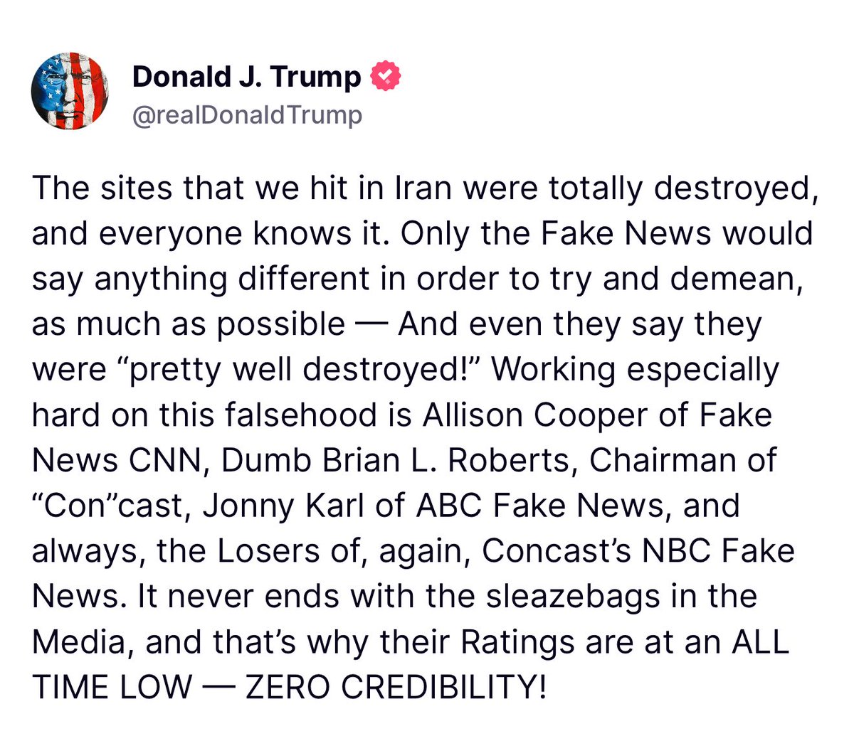 🚨 JUST IN: President Trump SLAMS reports that the U.S. did not totally destroy the Iranian nuclear sites.

“It never ends with the sleazebags in the media.”