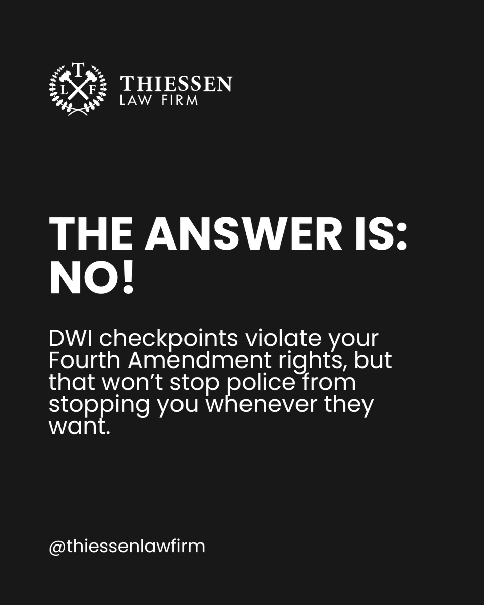 DWI Checkpoints??❓🚨

It doesn’t matter that roadblocks violate the Fourth Amendment — cops are likely to pull you over anyway, under any circumstances.

Know your rights. Call Thiessen Law Firm if they overstep. 📞 713.864.9000