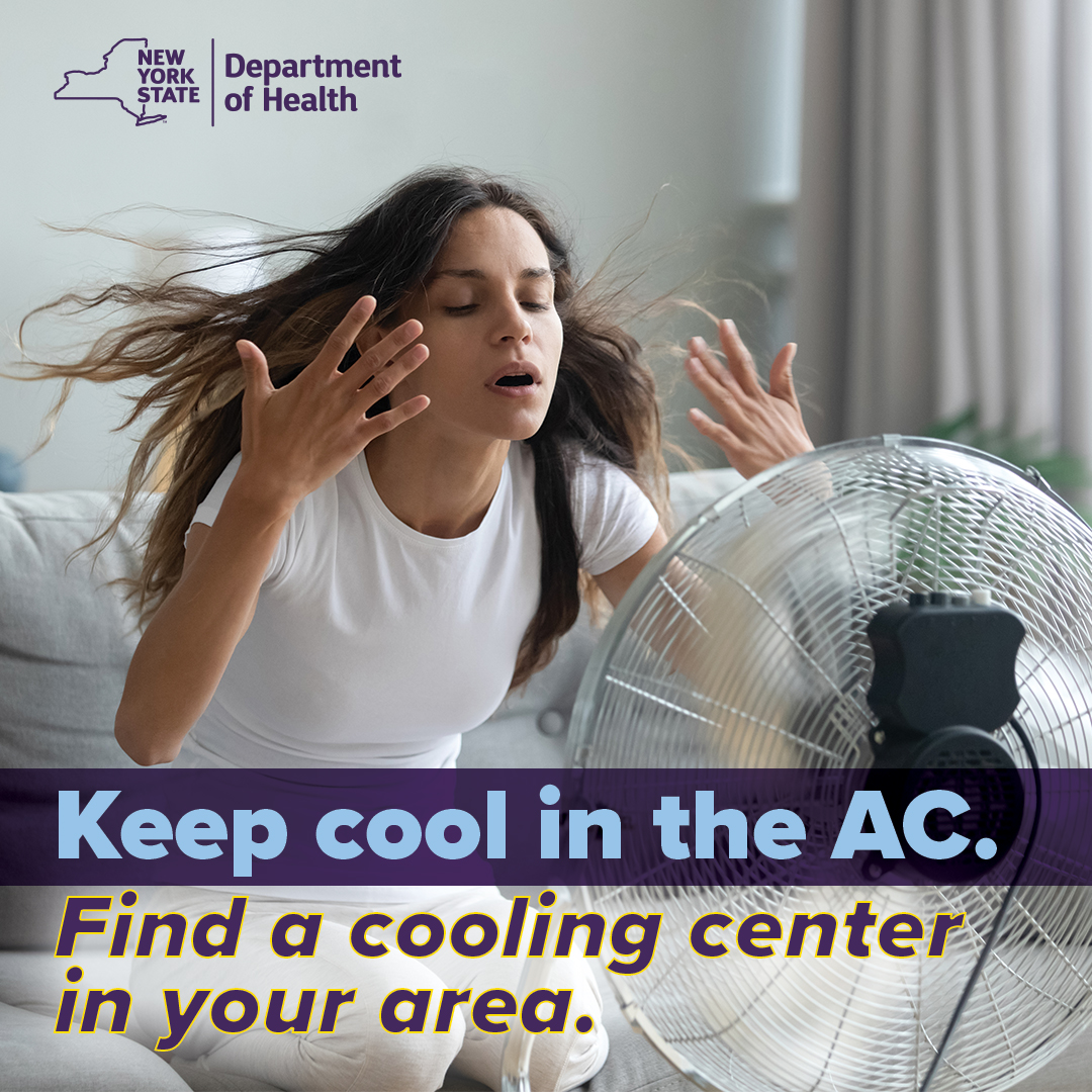 Get cool in AC. Don’t have an air conditioner and need to cool off? Find a cooling center in your area. Call ahead to be sure it's open. Learn more:  health.ny.gov/environmental/…