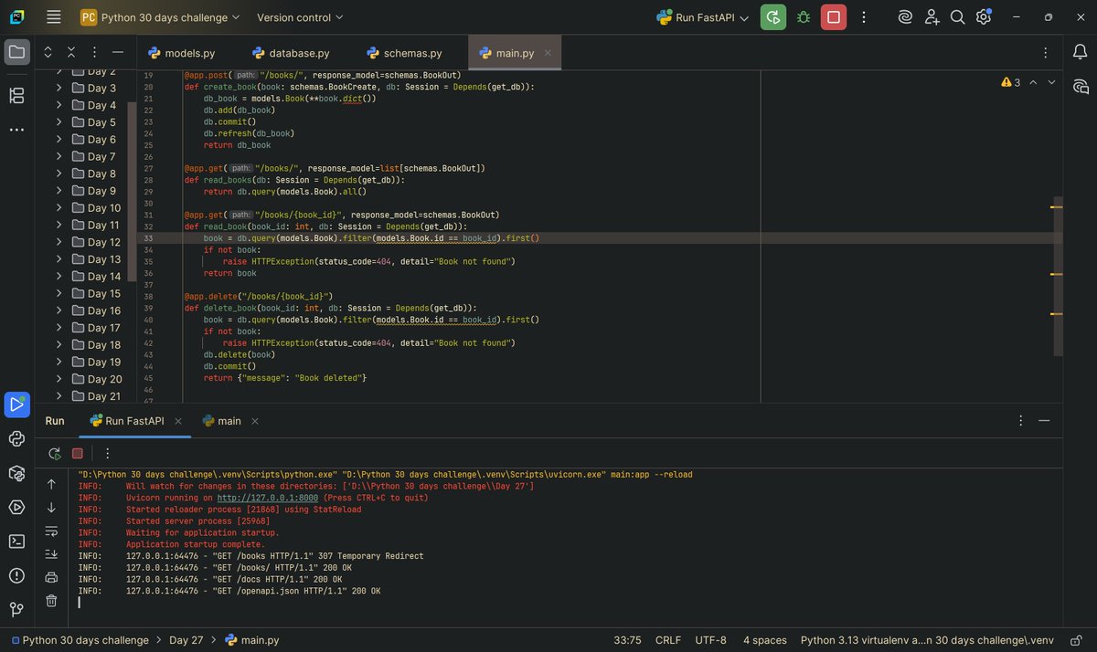 jagadeesh917767's tweet image. 🐍 Day 2️⃣7️⃣ – ORM Mastery with SQLAlchemy
Switched from in-memory to SQLite DB using SQLAlchemy!
📚 Defined models, added CRUD, integrated with FastAPI.
No more raw SQL spaghetti! 🧠
#Day27 #IDC30DaysChallenge #SQLAlchemy #FastAPI #PythonORM #BackendDev #CleanCode