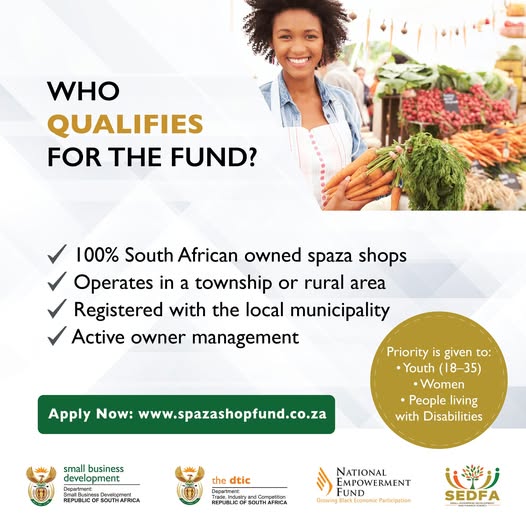Are you running a spaza shop in your community?
This fund could be the boost you’ve been waiting for!
Apply for the Spaza Shop Fund today at: spazashopfund.co.za
Don’t miss out!
#SpazaShopFund