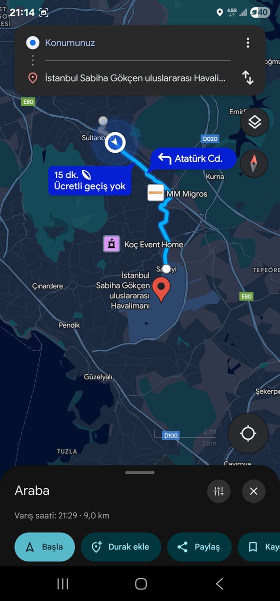 UmitBalci's tweet photo. @getirdestek ekte paylaştığım fotolarda getirtaksinin sultanbeyli-sabiha gökçen havalimanı güzergahı ile google maps üzerinden açılan güzergahı arasındaki 2 katı fark görülmektedir. Getirtaksi haritası hatalı mıdır yoksa farklı bir durum mu düşünmeliyiz? https://t.co/z8ASE4EqKA