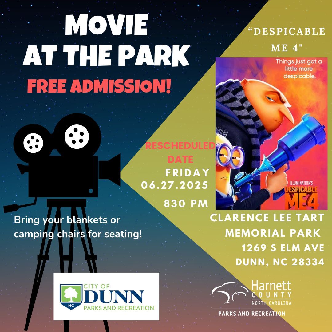 HarnettCoParks's tweet image. 🍿 🎬
Join us for a FREE Family Movie Night at the Clarence Lee Tart Memorial Park in Dunn, NC on Friday, June 27! We will be showing "Despicable Me 4". Movie will start around 830pm.
Event page 👉 facebook.com/share/1Dzwh1DJ…