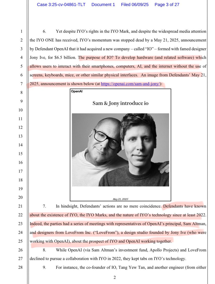 The lawsuit against Jony Ive, Sam Altman and OpenAI’s io hardware is wild. 

Allegations of stolen IP:

▫️In 2018, hardware startup called IYO incubated inside Google X and raised $60m before spun out
▫️ It built an AI-powered earpiece that could replace screens
▫️IYO met with