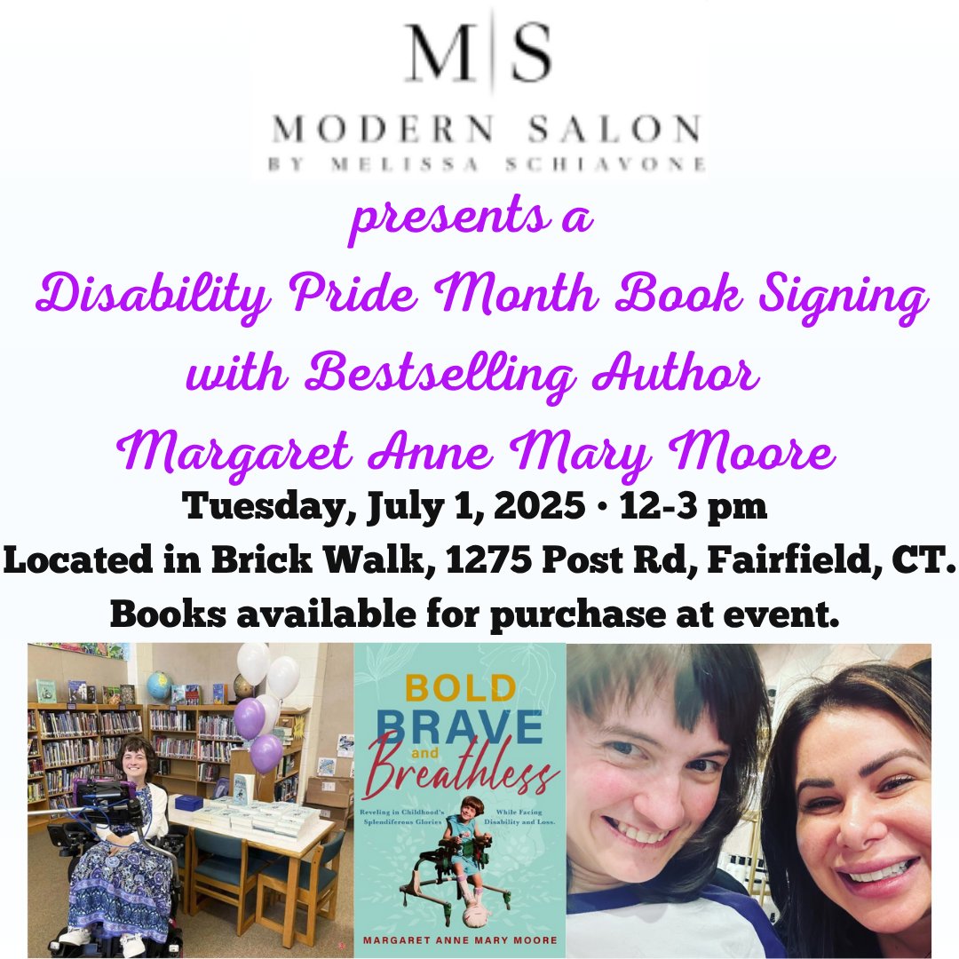 I'm partnering with Modern Salon in #FairfieldCT for a #DisabilityPrideMonth #BookSigning featuring my #bestselling #disability #memoir #BOLDBRAVEANDBREATHLESS! Come pick up #yournextsummerread and celebrate #disabilitypride.

#mustread #DisabilityPrideMonth2025 #disabledauthor