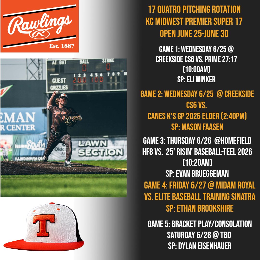 Josh Herrick (@coachherrick1) on Twitter photo 17 Quatro Schedule and Rotation
KC Super 17 Open
June 25-June 30
<a href="/PrepBaseballKC/">Prep Baseball Kansas City</a>
<a href="/stltigers/">St. Louis Rawlings Tigers</a>
<a href="/RecruitTigers/">Rawlings Tigers National Recruiting</a> 17 Quatro Schedule and Rotation
KC Super 17 Open
June 25-June 30
<a href="/PrepBaseballKC/">Prep Baseball Kansas City</a>
<a href="/stltigers/">St. Louis Rawlings Tigers</a>
<a href="/RecruitTigers/">Rawlings Tigers National Recruiting</a>