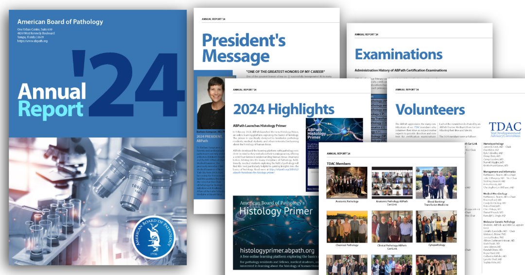 TheABPath's tweet image. Our 2024 Annual Report is now available! 📄 Explore program highlights, 2024 exam results, and the incredible contributions of our ABPath volunteers and diplomates.
📘 Read more: bit.ly/3SXa6Tn