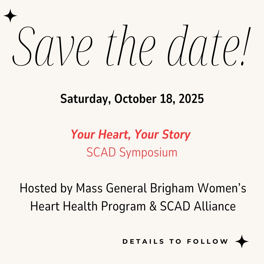 MGH Corrigan Women's Heart Health Program (@mghwomenheart) on Twitter photo We're thrilled to announce we are co-hosting this year's SCAD Symposium with <a href="/SCADalliance/">SCAD Alliance</a> 🫀 Additional details will be posted in the next few weeks! <a href="/NanditaScottMD/">Nandita Scott</a> <a href="/sarma_amy/">Amy Sarma</a> <a href="/MGHHeartHealth/">Mass General Heart</a> <a href="/BWHWomensHealth/">Brigham and Women’s Division of Women’s Health</a> We're thrilled to announce we are co-hosting this year's SCAD Symposium with <a href="/SCADalliance/">SCAD Alliance</a> 🫀 Additional details will be posted in the next few weeks! <a href="/NanditaScottMD/">Nandita Scott</a> <a href="/sarma_amy/">Amy Sarma</a> <a href="/MGHHeartHealth/">Mass General Heart</a> <a href="/BWHWomensHealth/">Brigham and Women’s Division of Women’s Health</a>