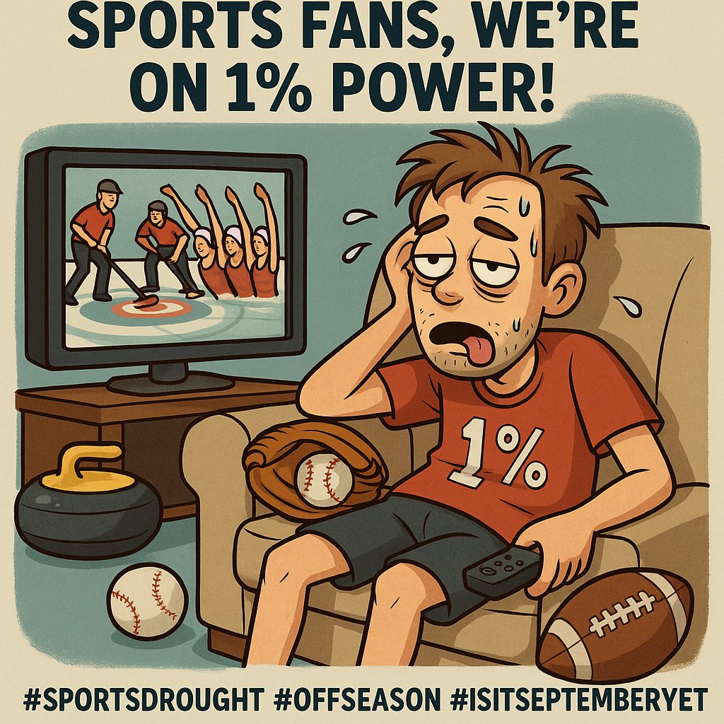 MVPAuthentics's tweet image. Sports fans, we&apos;re on 1% power! 🫠 The major sports drought is REAL. Debating if synchronized swimming is a contact sport &amp;amp; watching old curling. Baseball&apos;s trying, but where&apos;s the chaos? Send football! 🏈 It&apos;s fine. We&apos;re fine. #SportsDrought #OffSeason #IsItSeptemberYet