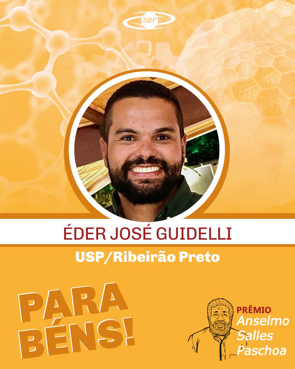 🥳 Parabéns ao prof. Éder pela conquista do Prêmio Anselmo Salles Paschoa, oferecido a físicas e físicos negros que desempenham com excelência o exercício da profissão. Éder é professor da USP e pesquisador de Nanotecnologias e Dosimetria de Radiações Ionizantes.

#sbfísica  #USP