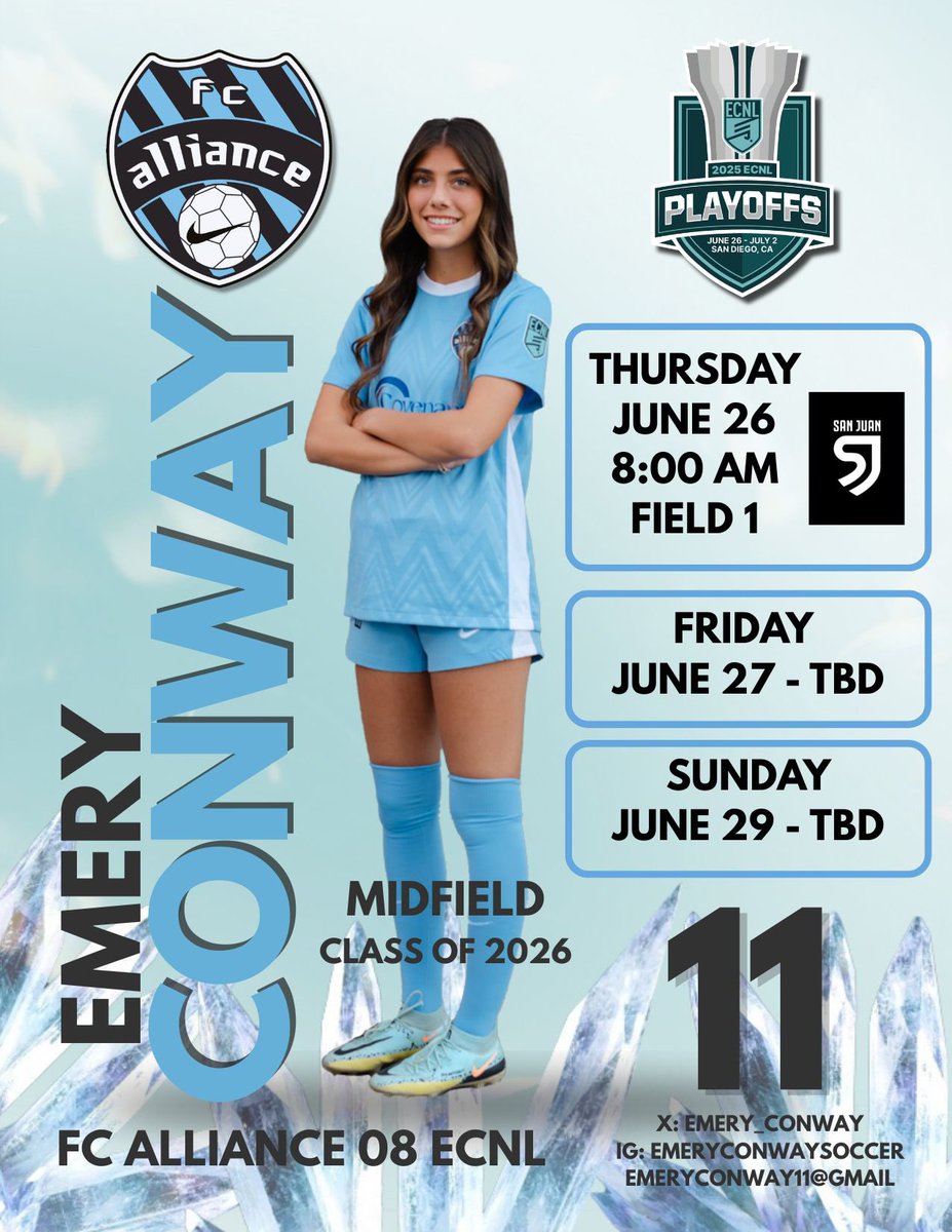 Emery Conway (@emery_conway) on Twitter photo Excited to head to San Diego for playoffs!! Come out and watch me and my team play!! #ECNLPlayoffs <a href="/08g_fc/">FC Alliance 08G ECNL</a> <a href="/FCAECNL/">FC Alliance Girls ECNL</a> <a href="/ECNLgirls/">ECNL Girls</a> Excited to head to San Diego for playoffs!! Come out and watch me and my team play!! #ECNLPlayoffs <a href="/08g_fc/">FC Alliance 08G ECNL</a> <a href="/FCAECNL/">FC Alliance Girls ECNL</a> <a href="/ECNLgirls/">ECNL Girls</a>