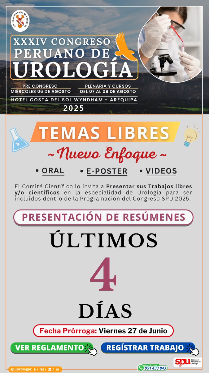 ÚLTIMOS 4 DÍAS
TEMAS LIBRES 🧪👨🏻‍🏫
Nuevo Enfoque 💡

✍🏻 Registrar Tema libre: cutt.ly/TraoF4Vh
📙 Ver Reglamento: cutt.ly/WraoFAol

🚨 1️⃣ Fecha Prórroga: 27 de Junio

2️⃣ Exposición de Trabajos :
- 05 de Julio

3️⃣ Premiación de Trabajos Ganadores :
- 07 de Agosto