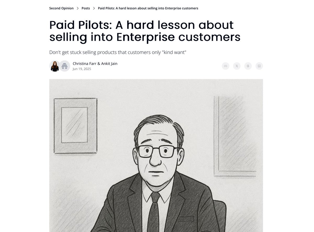 Christina Farr (@chrissyfarr) on Twitter photo Don’t miss our guide for startups on selling pilots into health systems. Hot take: free is almost never a good idea.
With my co-author <a href="/jain_ankit/">Ankit Jain</a>
Link in the comments 👇 Don’t miss our guide for startups on selling pilots into health systems. Hot take: free is almost never a good idea.
With my co-author <a href="/jain_ankit/">Ankit Jain</a>
Link in the comments 👇