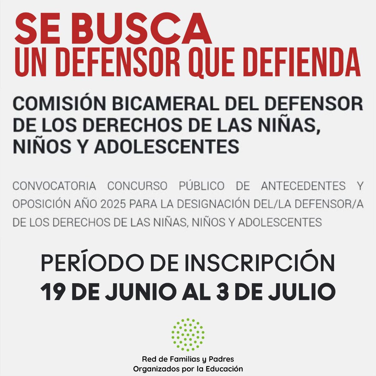 📣DEFENSOR/A DE LOS DERECHOS DE LAS NIÑAS, NIÑOS Y ADOLESCENTES: Comenzó la inscripción para los postulantes al concurso público de antecedentes y oposición.
📆 19/6 al 3/7 Inscripción.
📆 4/7 Publicación de aspirantes 

🌐Link del llamado a Concurso en el siguiente tuit⤵️
