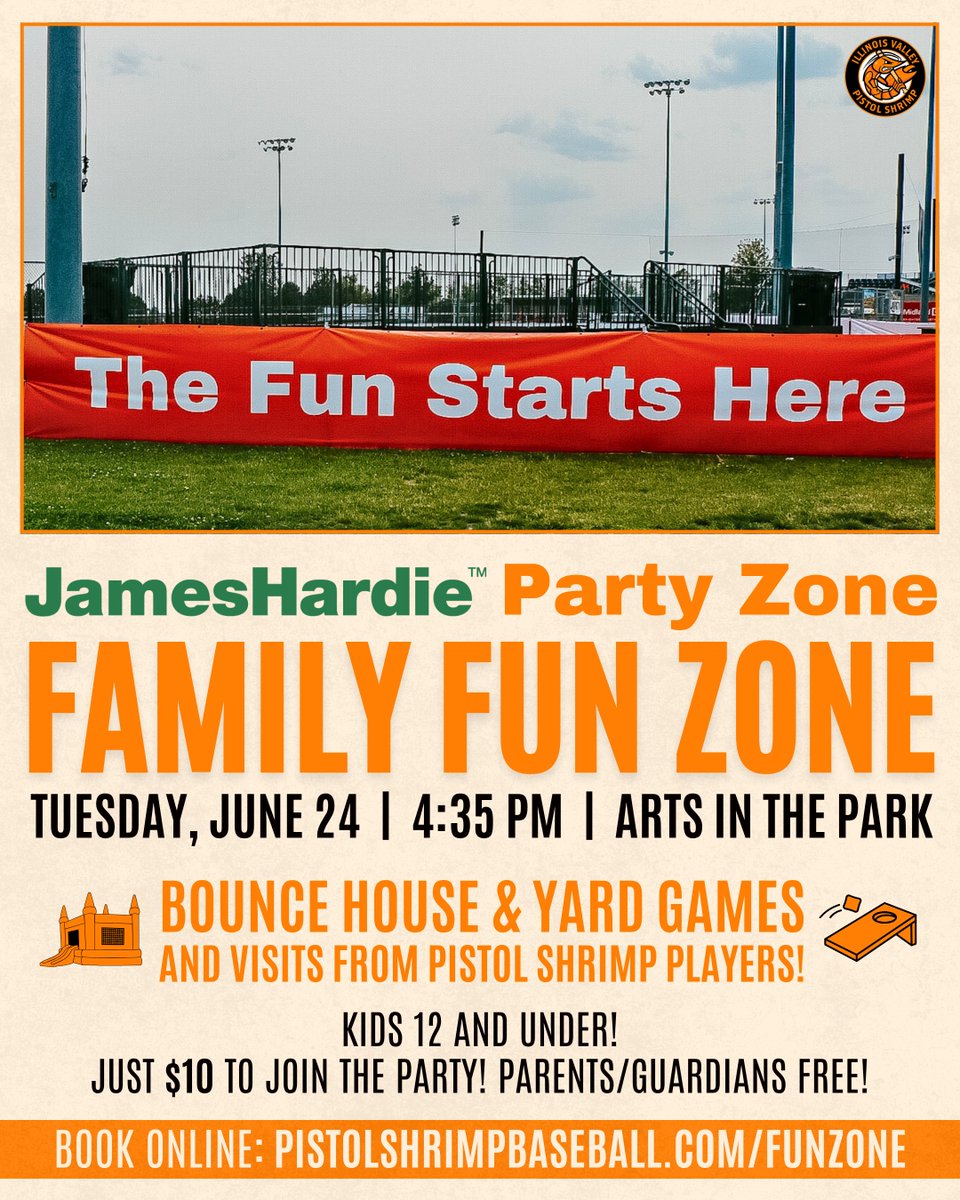 Join the party tomorrow at Schweickert Stadium! 🎉 

The James Hardie Party Zone becomes a Family Fun Zone with a BOUNCE HOUSE, YARD GAMES, and PLAYER VISITS! 🎯

➡️ pistolshrimpbaseball.com/funzone