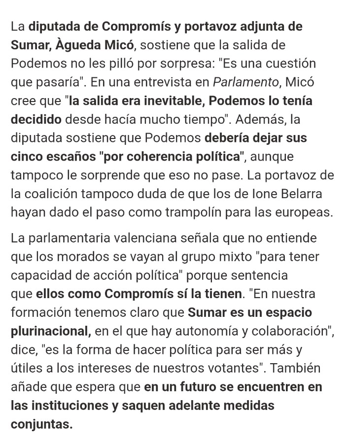 Esto decía Àgueda Micó antes de decidir pasarse al Grupo Mixto👇

"Podemos debería dejar sus 5 escaños por coherencia política, aunque tampoco le sorprende que eso no pase. No entiende que se vayan para tener capacidad de acción política porque ellos como Compromis sí la tienen".