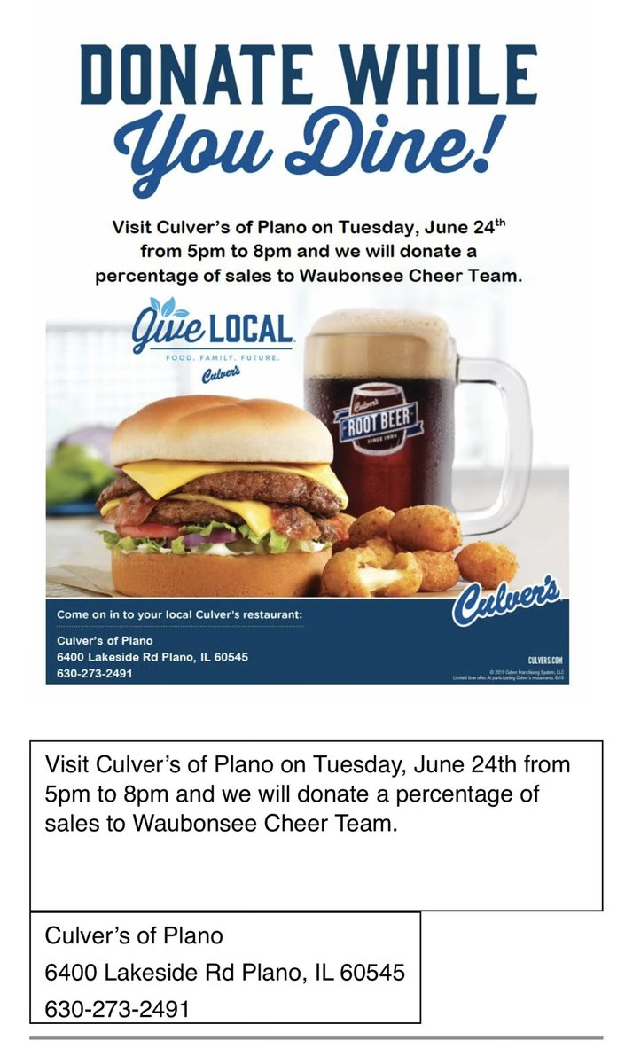 Waubonsee Chiefs (@waubonseechiefs) on Twitter photo Donate while you dine and support our <a href="/WccCheerleading/">Waubonsee Community College Cheerleading</a> team tomorrow night at Culver’s of Plano! A percentage of all sales from 5-8 pm will go towards the team 📣 #WaubonseeCheerleading Donate while you dine and support our <a href="/WccCheerleading/">Waubonsee Community College Cheerleading</a> team tomorrow night at Culver’s of Plano! A percentage of all sales from 5-8 pm will go towards the team 📣 #WaubonseeCheerleading
