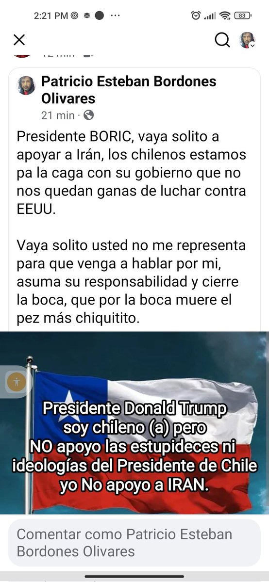 PatricioBordon7's tweet photo. @DonaldTrump yo y millones de chilenos le responden al presidente de chile más malo y comunista en la historia de mi país. https://t.co/OYIUTNGUQA
