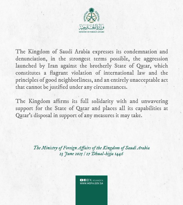 🚨BREAKING:  Saudi Arabia has CONDEMNED Iran’s attack on Qatar U.S. military base.