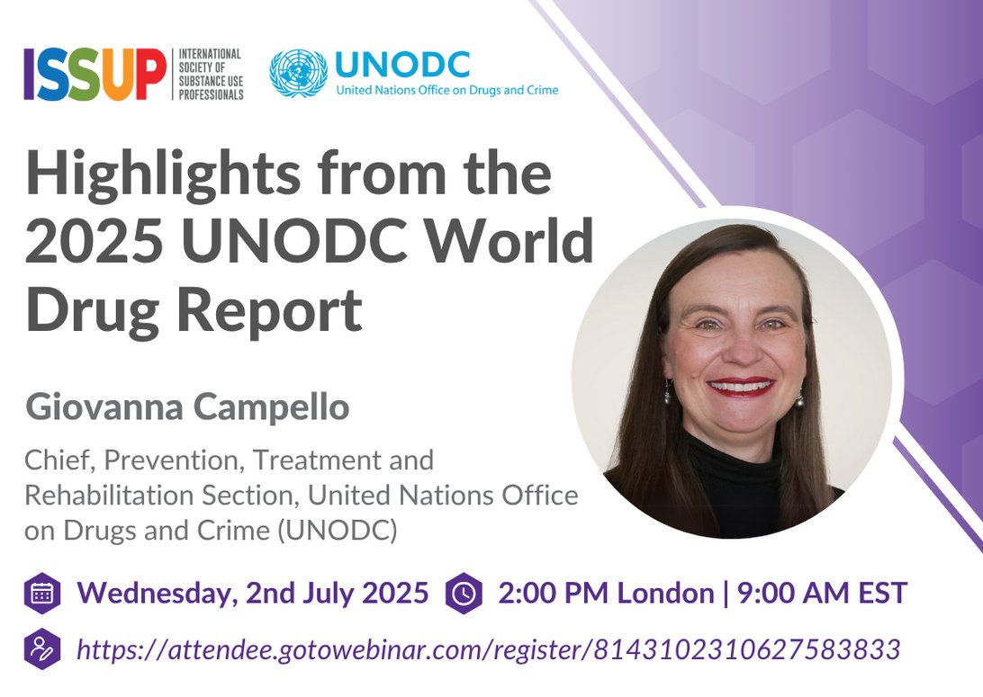 Join our upcoming webinar highlighting key findings from the 2025 edition of the UNODC #WorldDrugReport. The session will be presented by Giovanna Campello, Chief of UNODC PTRS.

All welcome!

📅 Weds, 2nd July 2025
⏰ 2:00 PM London | 9:00 AM ET 
➡️ ow.ly/sbxP50Wf1Hj