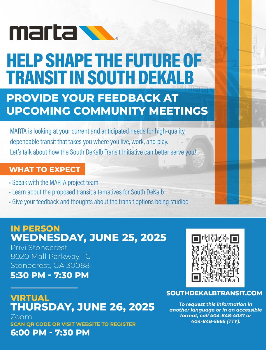 🚍 Live, work, or hang out in South DeKalb? Let’s talk about transit!
 Join us for a community meeting to learn more about transit options and share your input:

📍 In-Person:
Wednesday, June 25 at 5:30 PM

💻 Virtual:
Thursday, June 26 at 6PM

Help shape the future of transit in