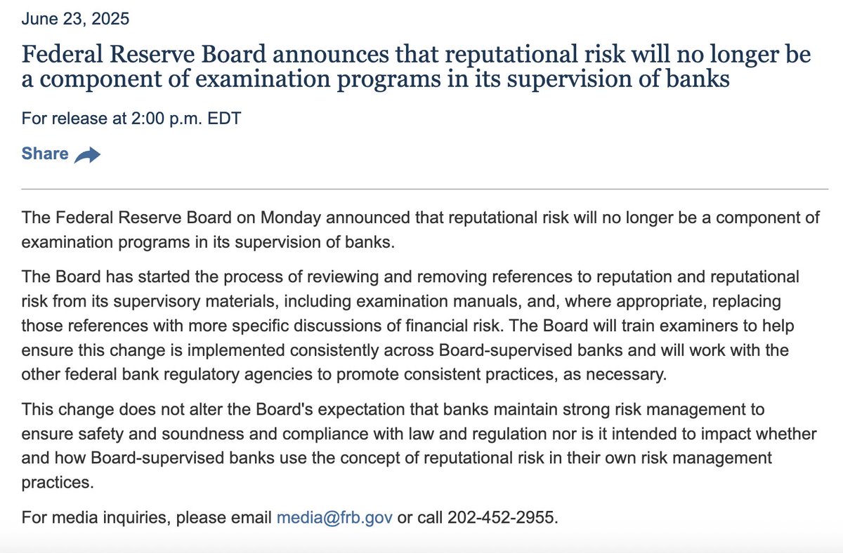 pete_rizzo_'s tweet image. BREAKING: FEDERAL RESERVE OFFICIALLY REMOVES "REPUTATIONAL RISK" FACTOR THAT PENALIZED #BITCOIN AND CRYPTO 
AMERICA IS LEADING ON CRYPTO. LET'S GO 🔥