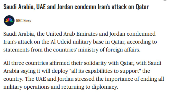 AZ_Intel_'s tweet photo. "Saudi Arabia, the United Arab Emirates and Jordan condemned Iran's attack on the Al Udeid military base in Qatar, according to statements from the countries' ministry of foreign affairs." https://t.co/agHYVcSHTh