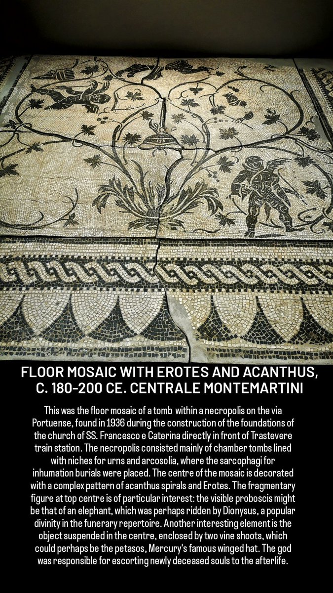 #MosaicMonday offers us a strangely asymmetrical #tomb #mosaic in black and white from the late C2 CE, found in southern #Trastevere, which seems to feature the winged hat of #Mercury or #Hermes Psychopompos, the god in his role of leader of souls to #Hades.