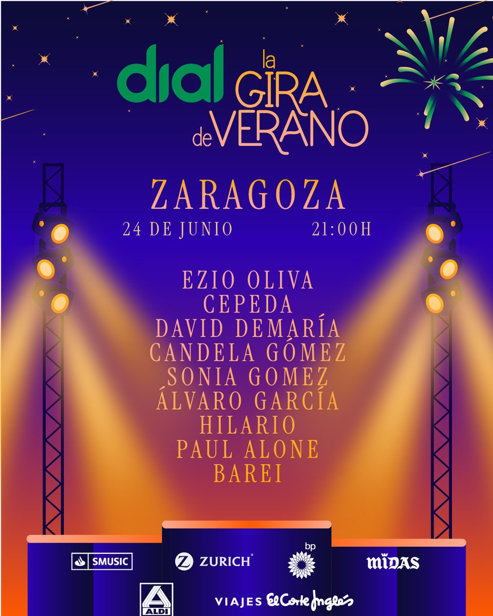 #GiraDeVeranoDial 🌞 24 JUNIO ZARAGOZA

⏰ 21:00
📍 Plaza Expo, Av. de José Atarés, 89-87
🎙Con:
Ezio Oliva
<a href="/cepedaoficial/">Nené</a> 
@daviddemaria 
<a href="/candelagomex/">Candela Gómez</a>
<a href="/ItsmeSoniaGomez/">Sonia Gómez</a>
Álvaro García
<a href="/hilarioedv/">Hilario</a>
Paul Alone
<a href="/BAREI_MUSIC/">BAREI</a>

Consigue entrada VIP de la gira
🔗 cdial.es/ev84t1